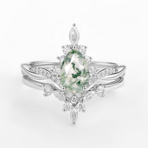 Unique Moss Agate Pear Shape Engagement Ring Sets 2pcs.