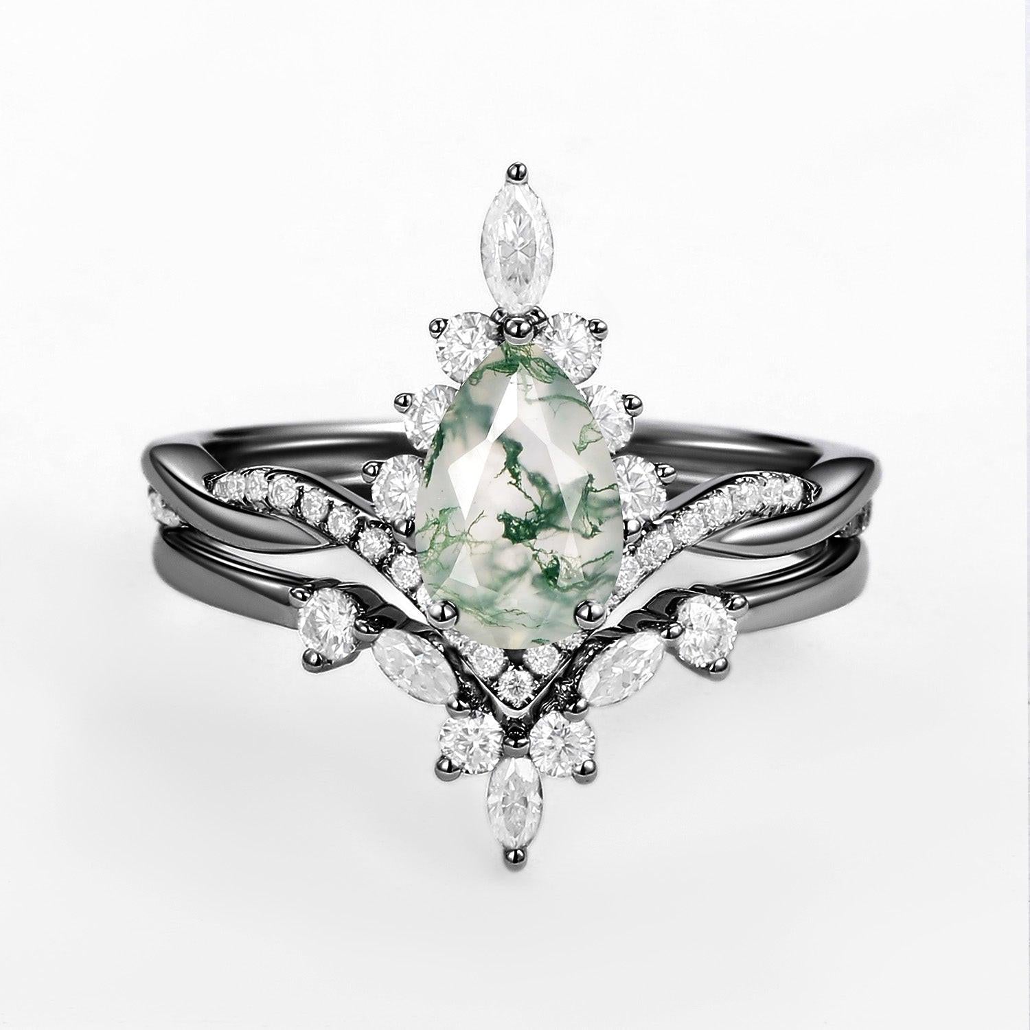 Unique Moss Agate Pear Shape Engagement Ring Sets 2pcs.
