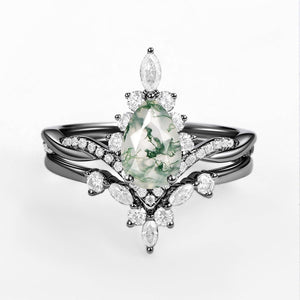 Unique Moss Agate Pear Shape Engagement Ring Sets 2pcs.
