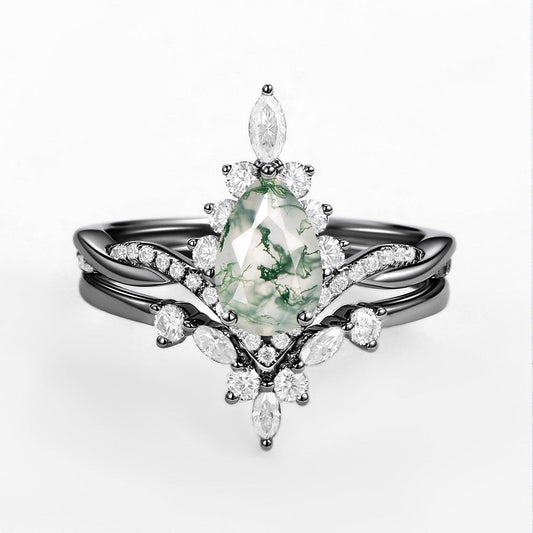 Unique Moss Agate Pear Shape Engagement Ring Sets 2pcs.