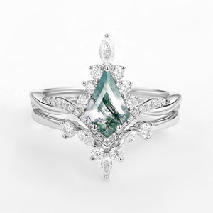 Unique Moss Agate Kite Shape Engagement Ring Sets 2pcs.