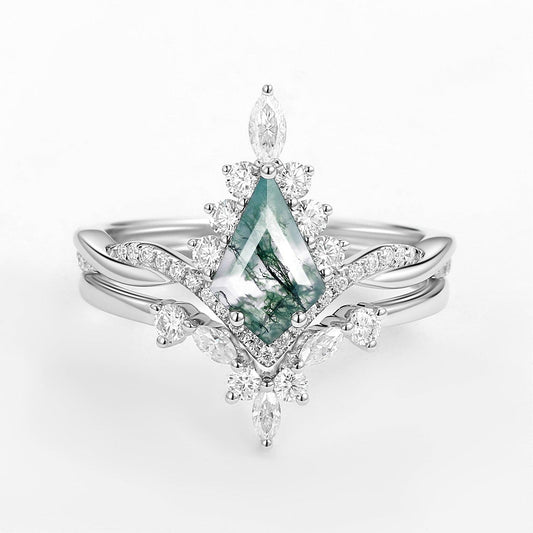 Unique Moss Agate Kite Shape Engagement Ring Sets 2pcs.