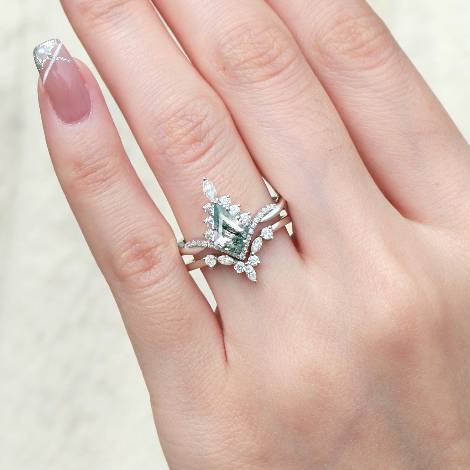 Unique Moss Agate Kite Shape Engagement Ring Sets 2pcs.