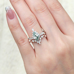 Unique Moss Agate Kite Shape Engagement Ring Sets 2pcs.