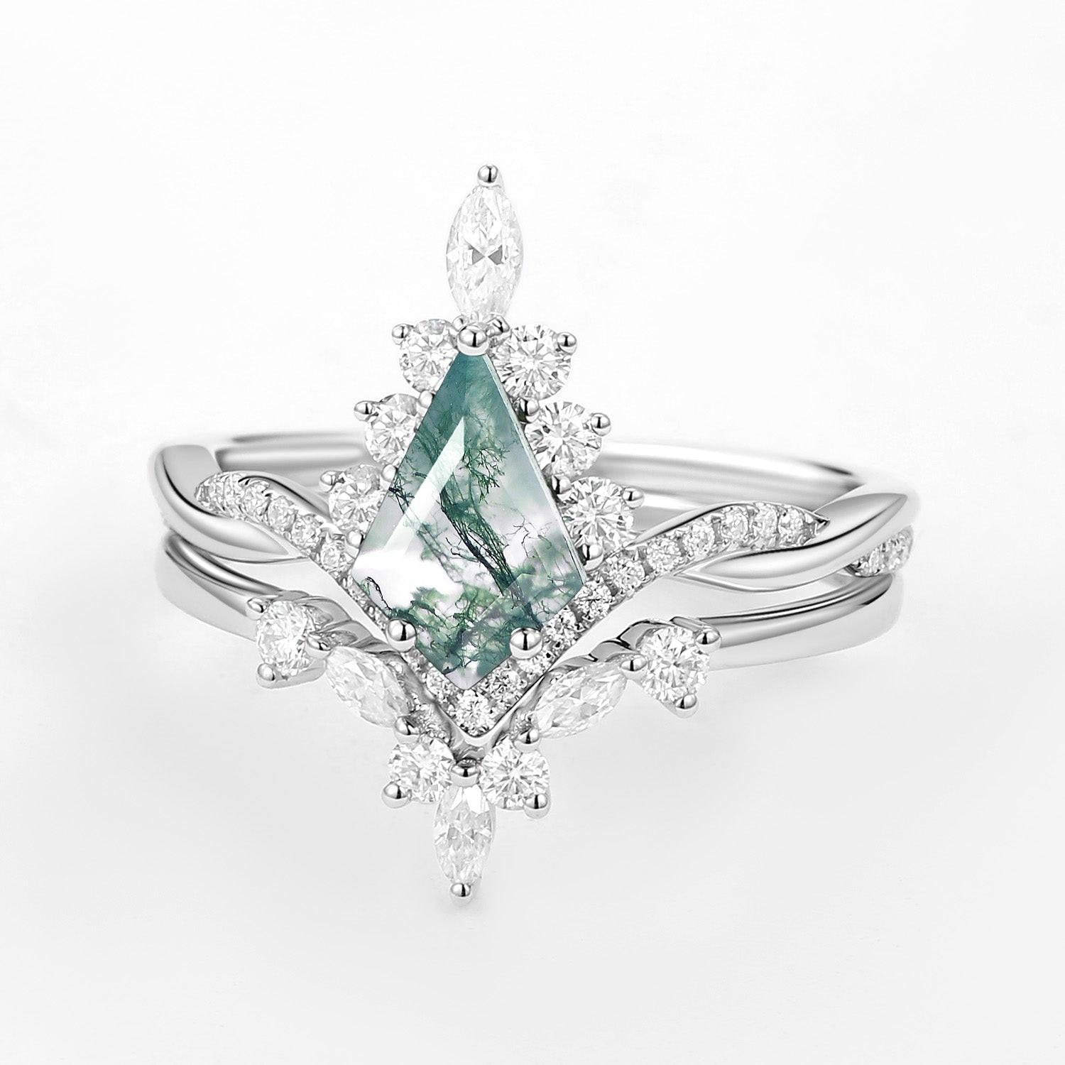 Unique Moss Agate Kite Shape Engagement Ring Sets 2pcs.