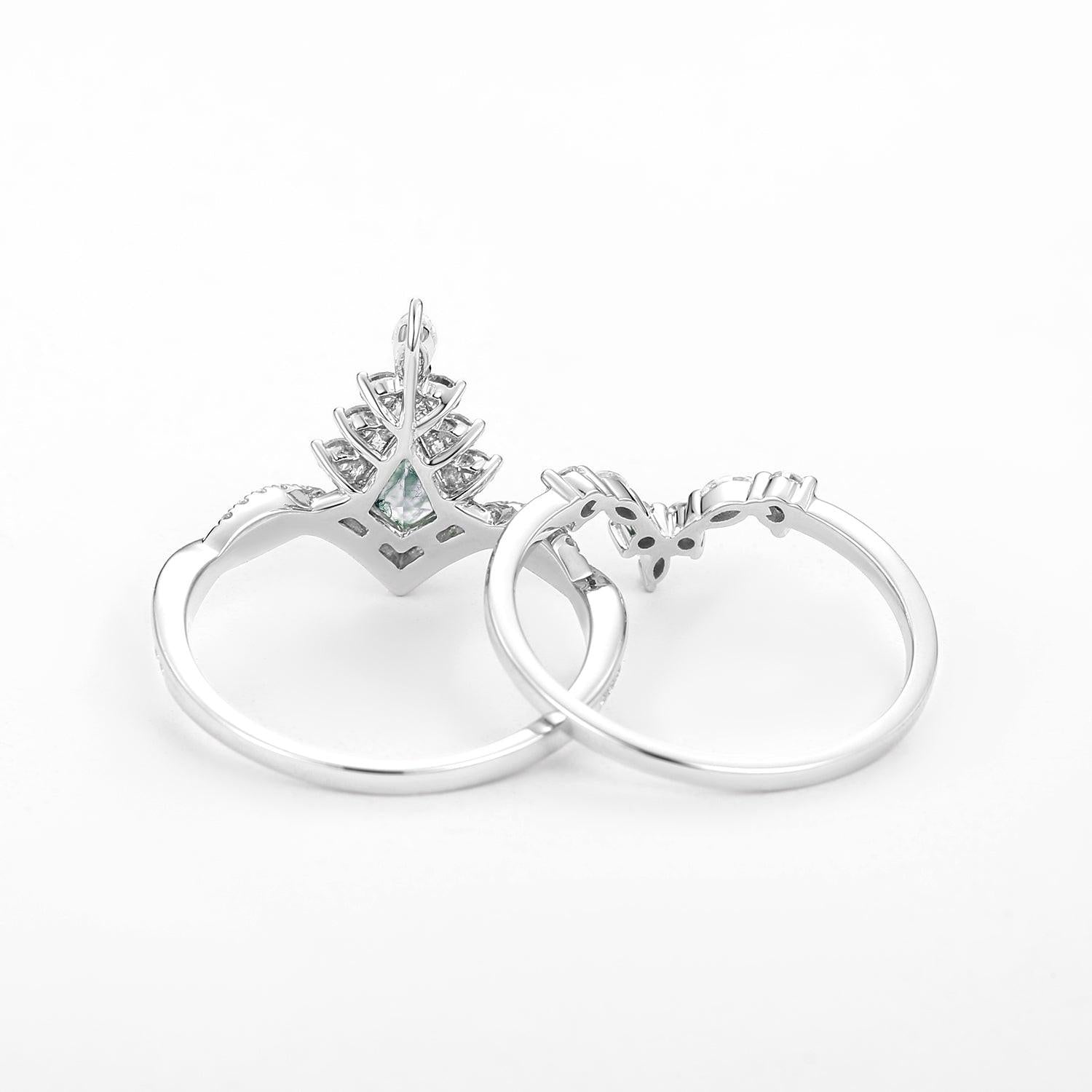 Unique Moss Agate Kite Shape Engagement Ring Sets 2pcs.