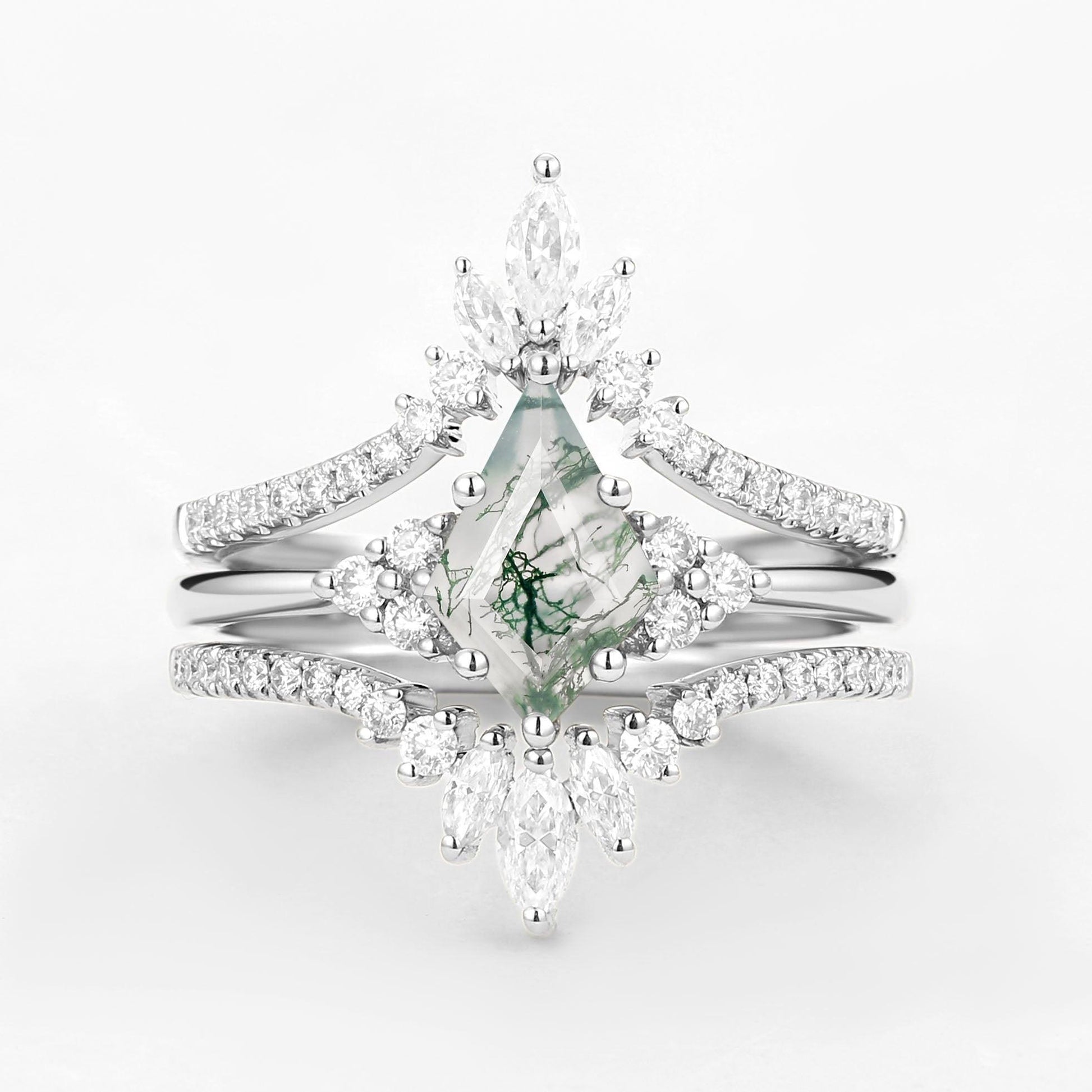 Flora’s Frond | Kite Cut Moss Agate Engagement Ring Set 3pcs.