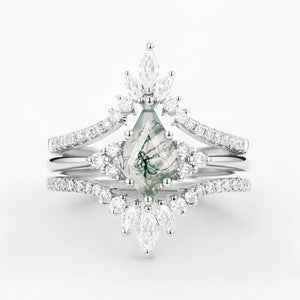 Flora’s Frond | Kite Cut Moss Agate Engagement Ring Set 3pcs.