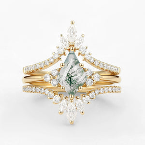 Flora’s Frond | Kite Cut Moss Agate Engagement Ring Set 3pcs.