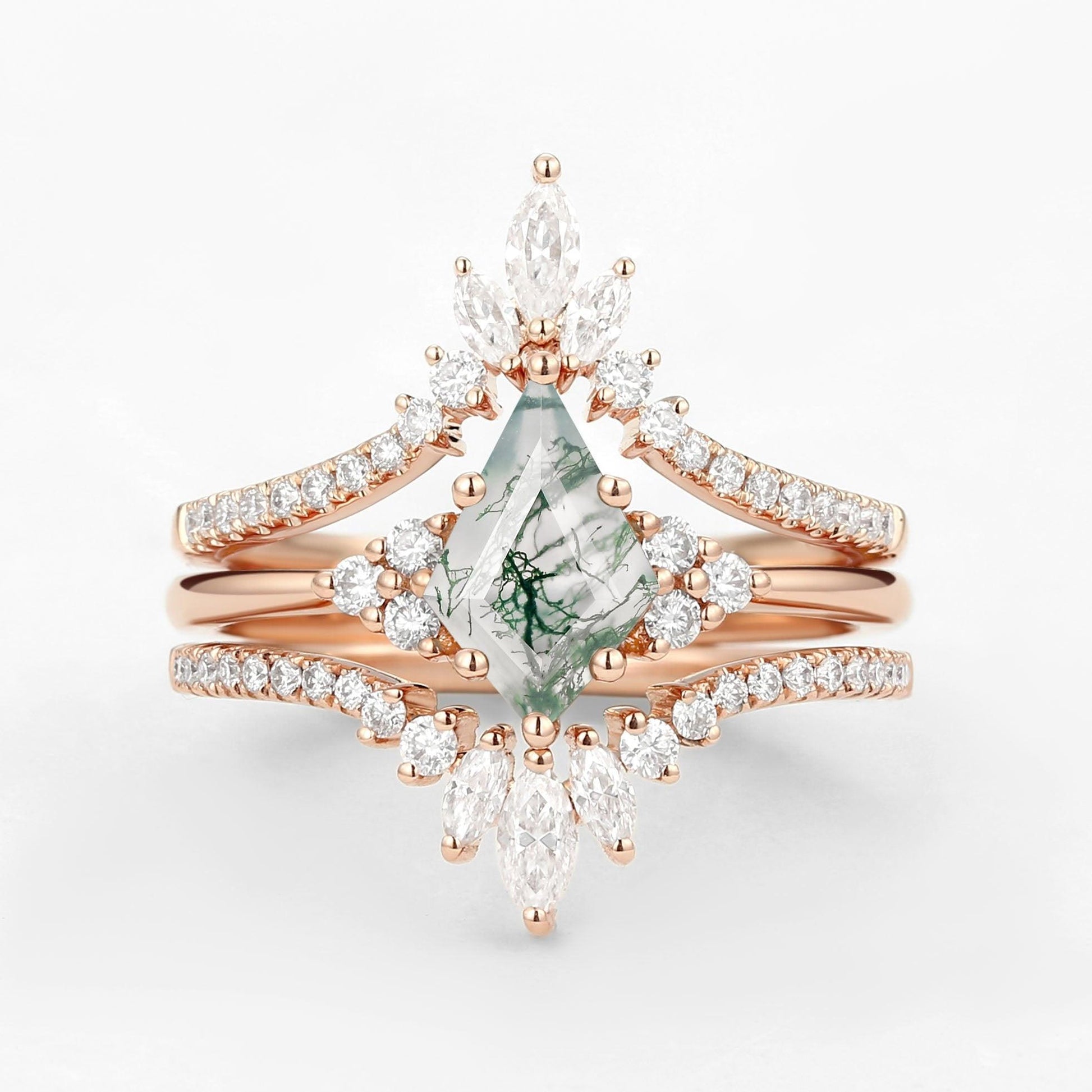 Flora’s Frond | Kite Cut Moss Agate Engagement Ring Set 3pcs.