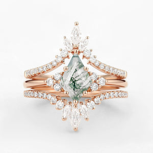 Flora’s Frond | Kite Cut Moss Agate Engagement Ring Set 3pcs.