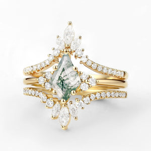 Flora’s Frond | Kite Cut Moss Agate Engagement Ring Set 3pcs.