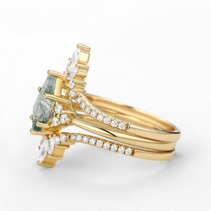 Flora’s Frond | Kite Cut Moss Agate Engagement Ring Set 3pcs.