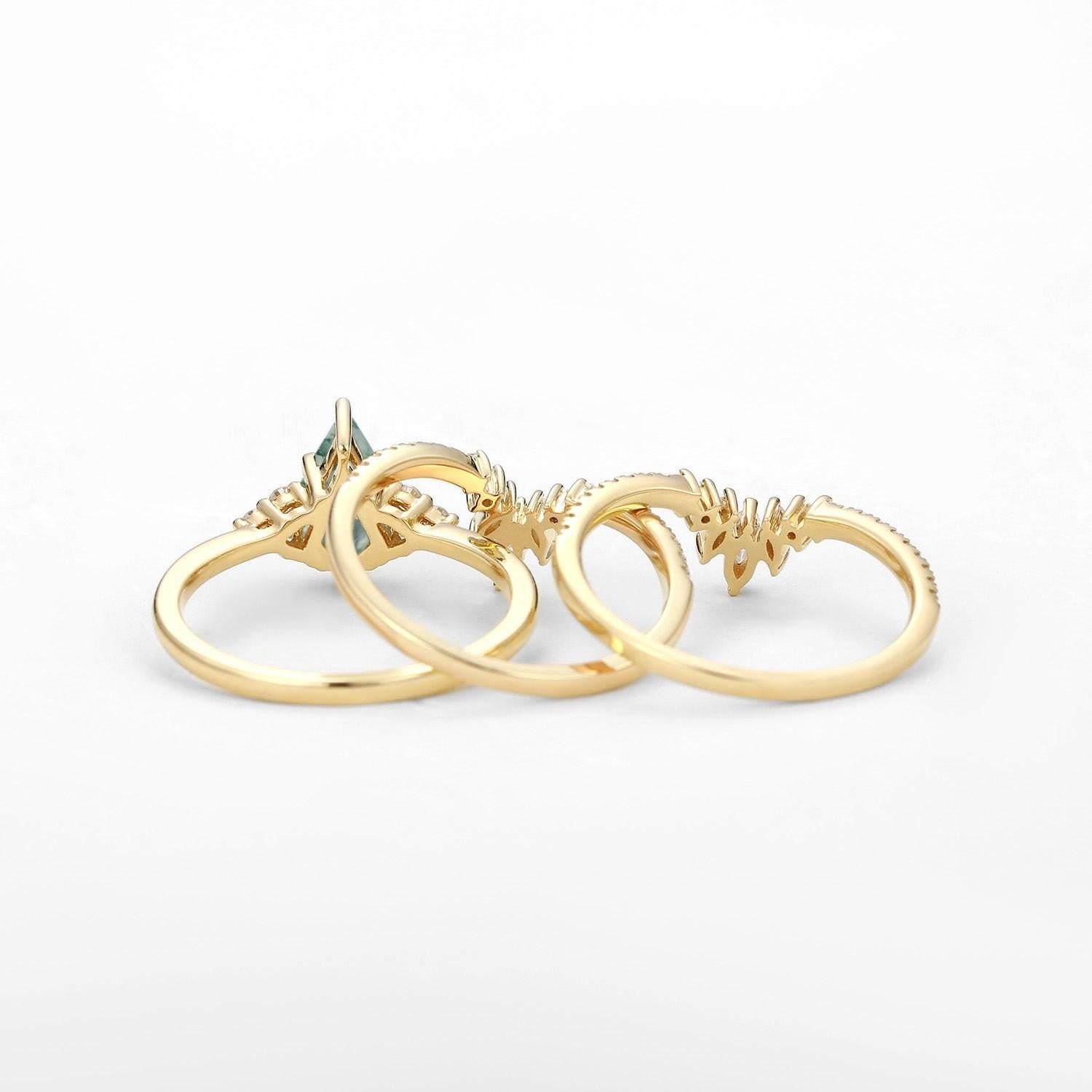 Flora’s Frond | Kite Cut Moss Agate Engagement Ring Set 3pcs.