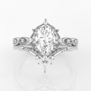 Oval Moss Agate Vintage Inspired Engagement Ring Set 2pcs.