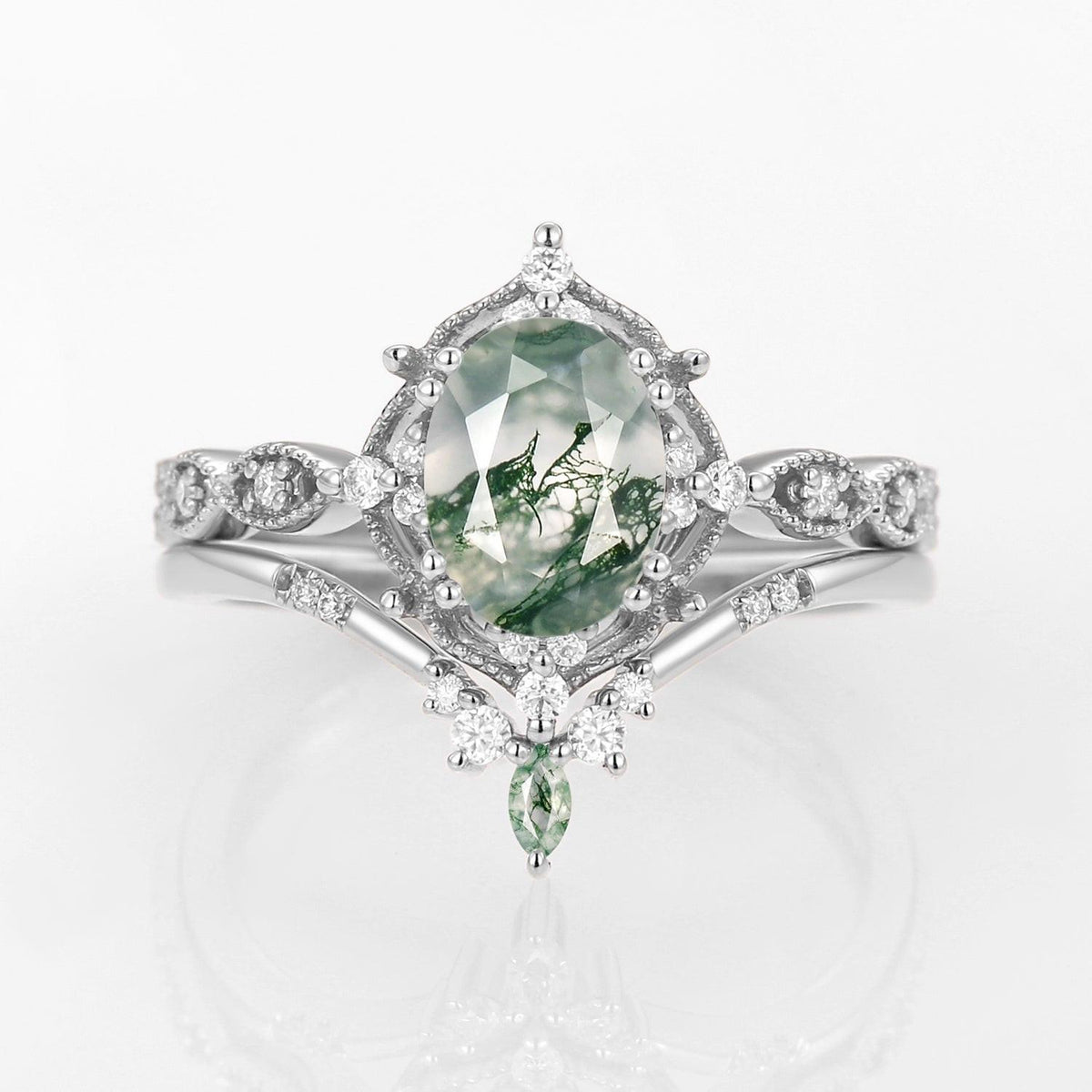 Oval Moss Agate Vintage Inspired Engagement Ring Set 2pcs.