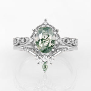 Oval Moss Agate Vintage Inspired Engagement Ring Set 2pcs.