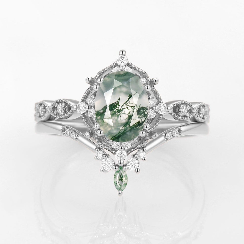 Oval Moss Agate Vintage Inspired Engagement Ring Set 2pcs.
