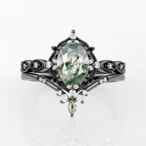 Oval Moss Agate Vintage Inspired Engagement Ring Set 2pcs.
