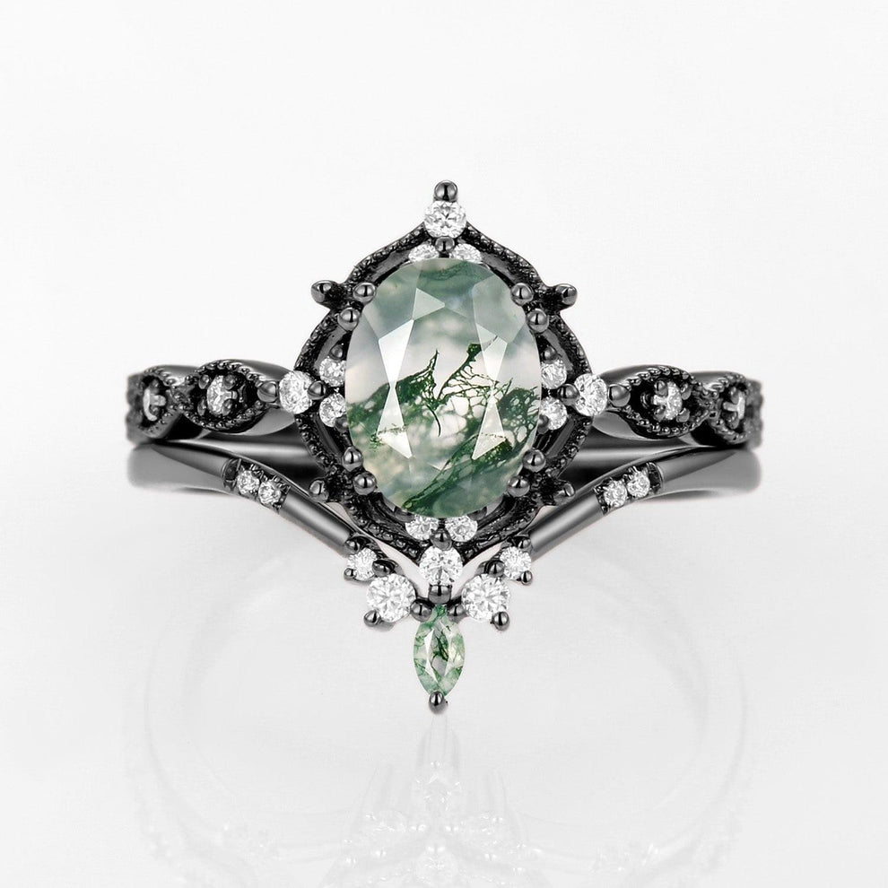 Oval Moss Agate Vintage Inspired Engagement Ring Set 2pcs.