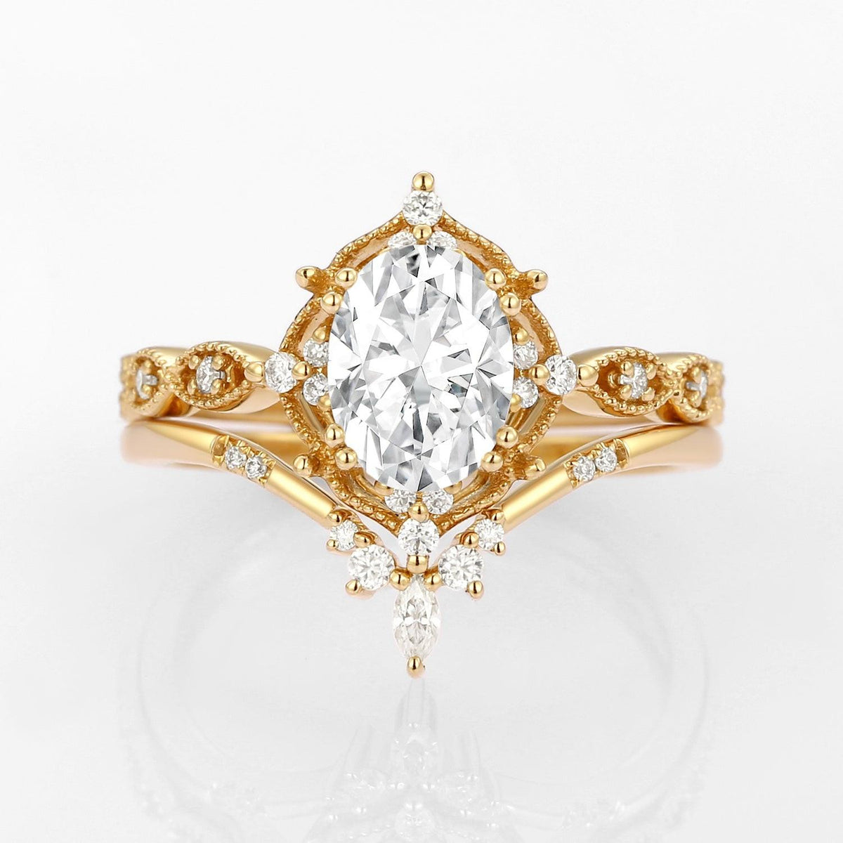 Oval Moss Agate Vintage Inspired Engagement Ring Set 2pcs.
