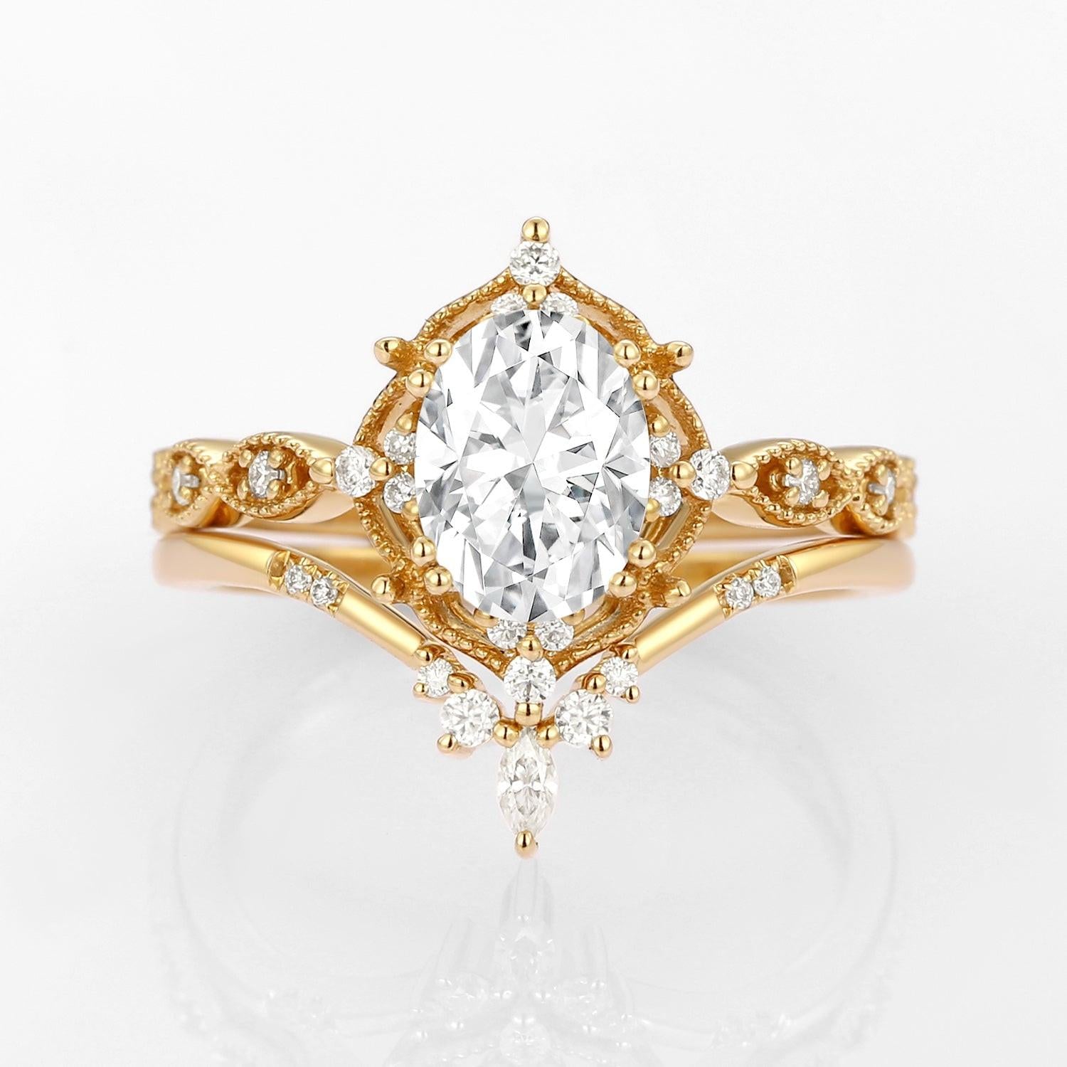 Oval Moss Agate Vintage Inspired Engagement Ring Set 2pcs.