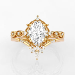Oval Moss Agate Vintage Inspired Engagement Ring Set 2pcs.