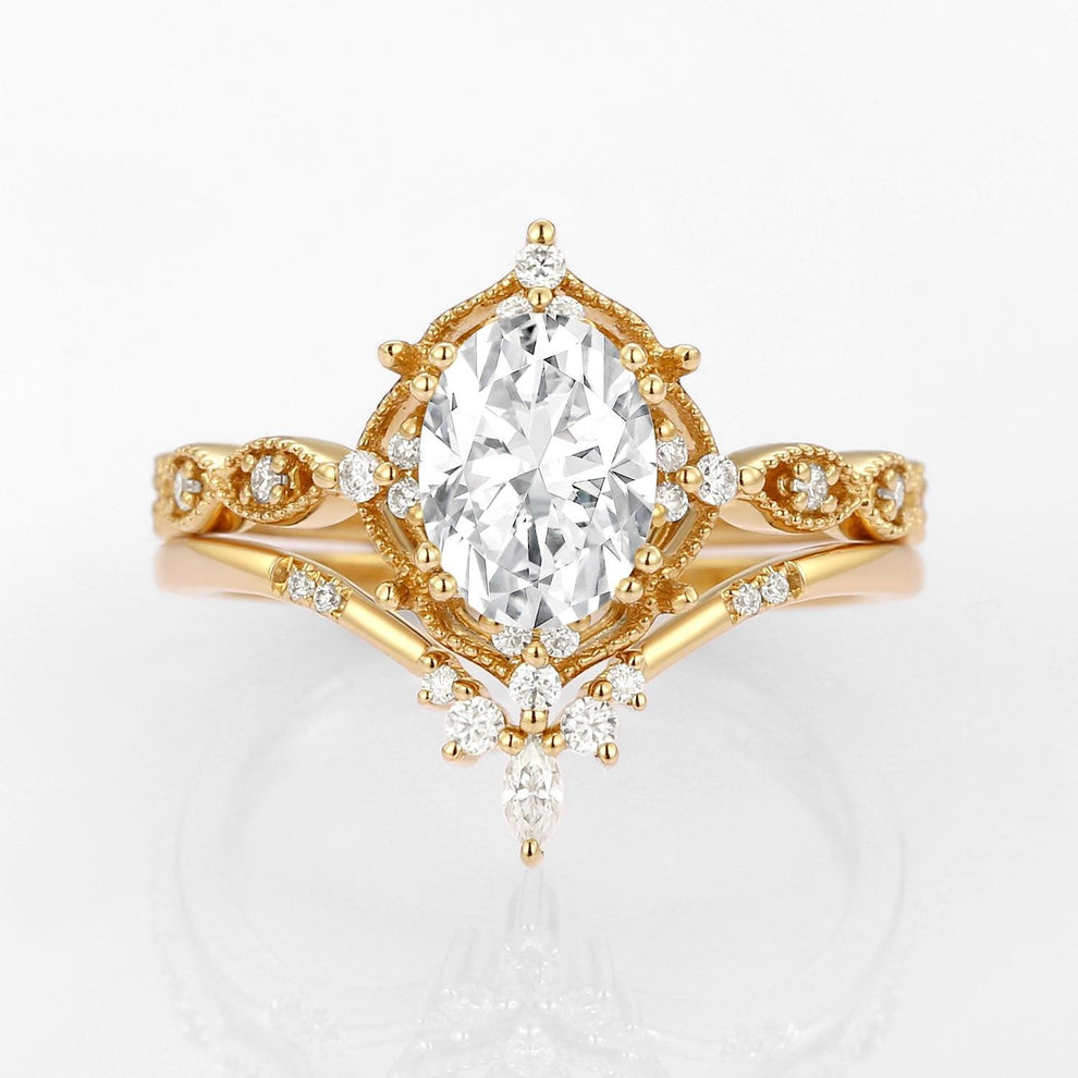 Oval Moss Agate Vintage Inspired Engagement Ring Set 2pcs.