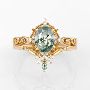 Oval Moss Agate Vintage Inspired Engagement Ring Set 2pcs.