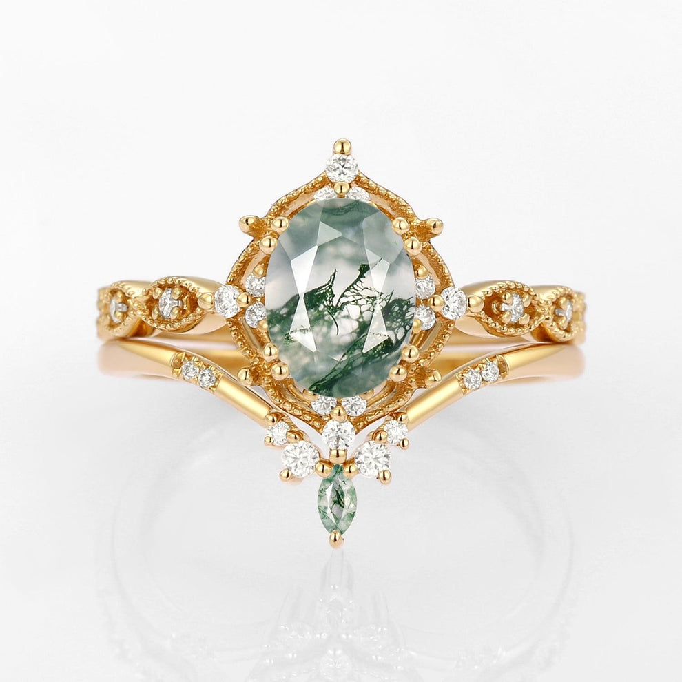 Oval Moss Agate Vintage Inspired Engagement Ring Set 2pcs.