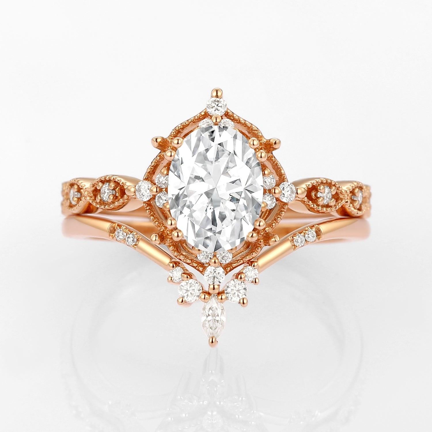 Oval Moss Agate Vintage Inspired Engagement Ring Set 2pcs.