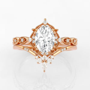 Oval Moss Agate Vintage Inspired Engagement Ring Set 2pcs.