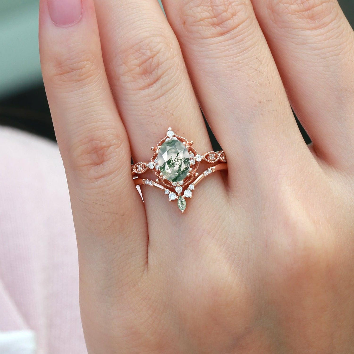 Oval Moss Agate Vintage Inspired Engagement Ring Set 2pcs.