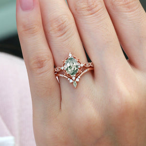 Oval Moss Agate Vintage Inspired Engagement Ring Set 2pcs.