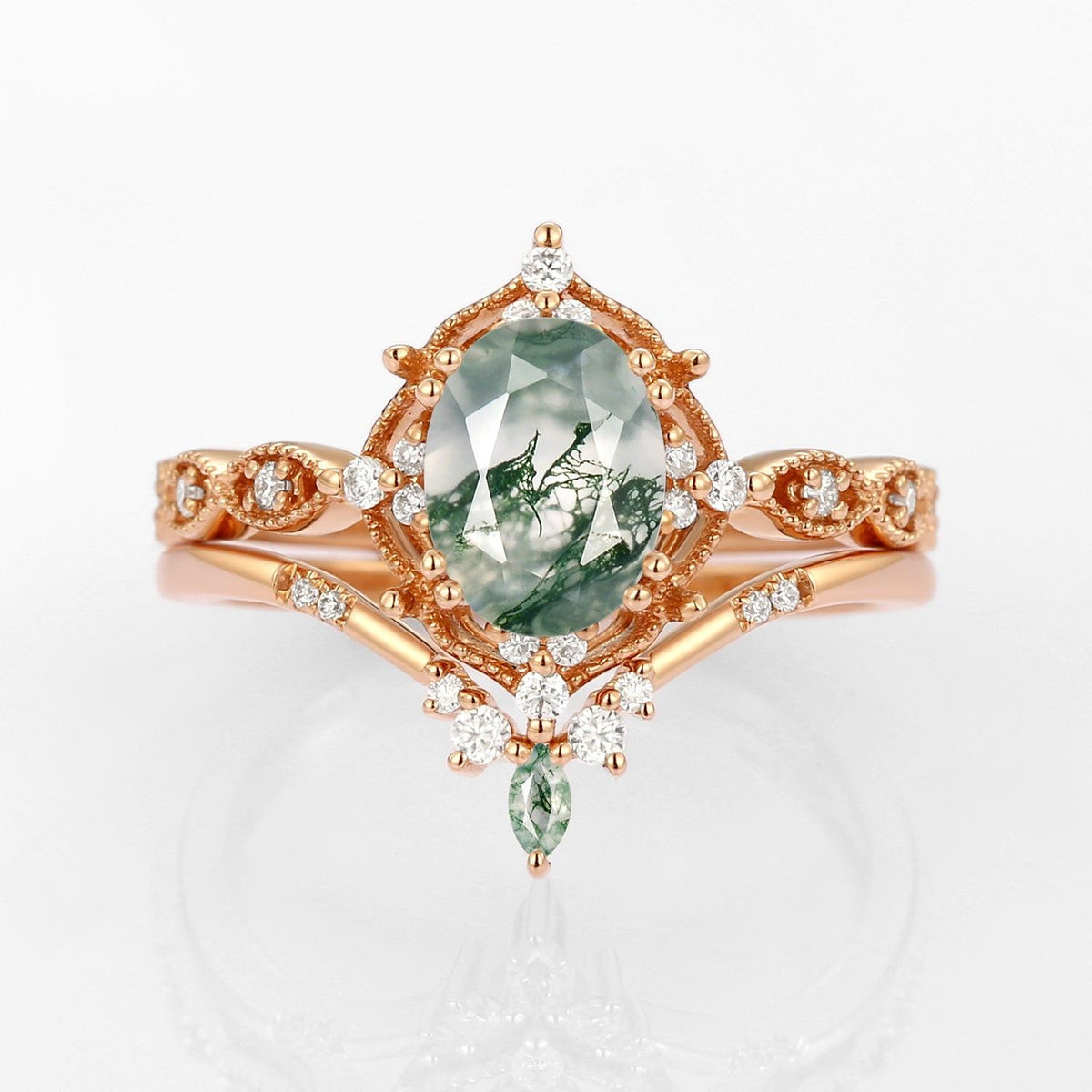 Oval Moss Agate Vintage Inspired Engagement Ring Set 2pcs.