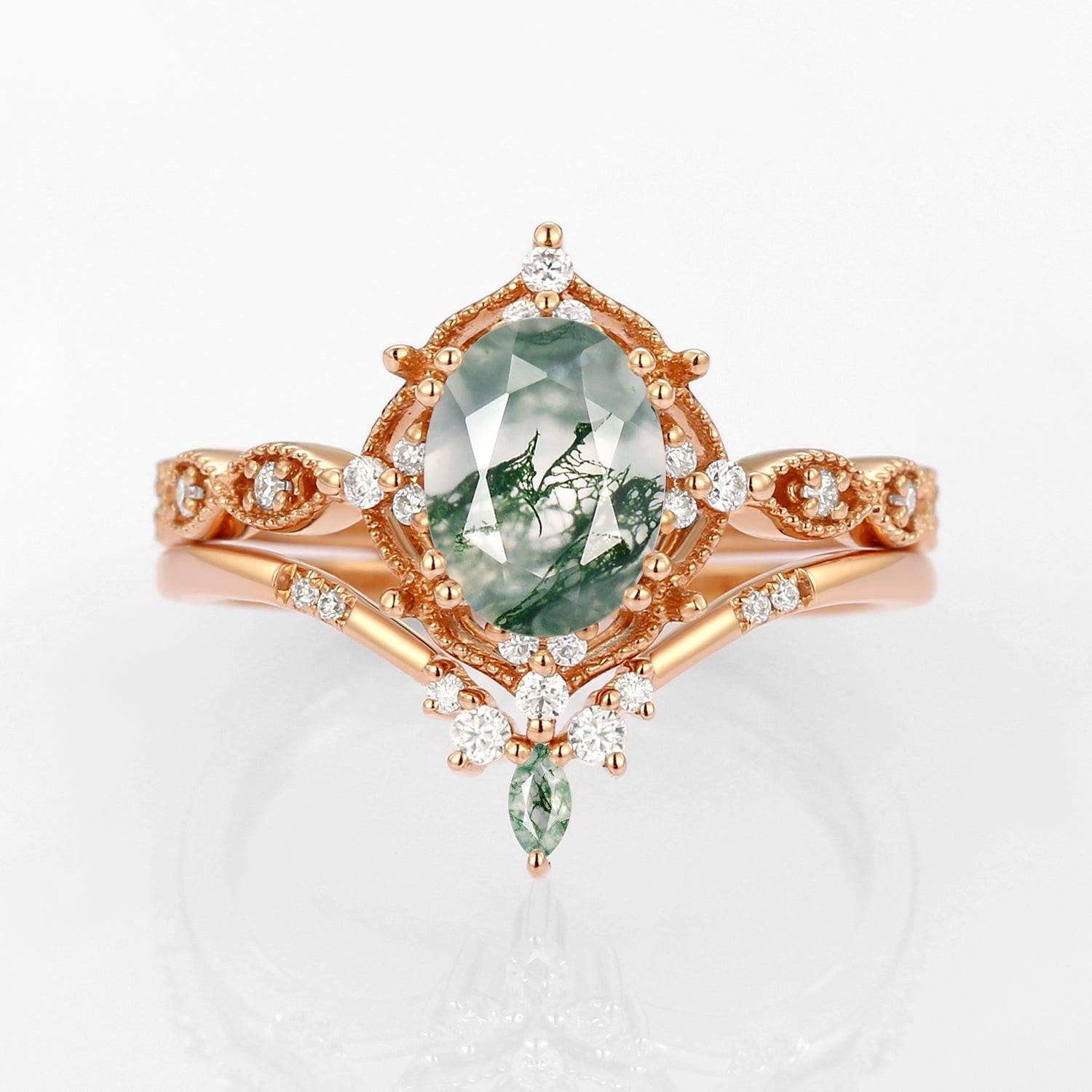 Oval Moss Agate Vintage Inspired Engagement Ring Set 2pcs.
