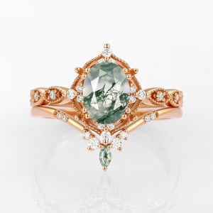 Oval Moss Agate Vintage Inspired Engagement Ring Set 2pcs.