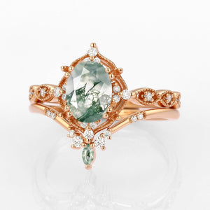 Oval Moss Agate Vintage Inspired Engagement Ring Set 2pcs.
