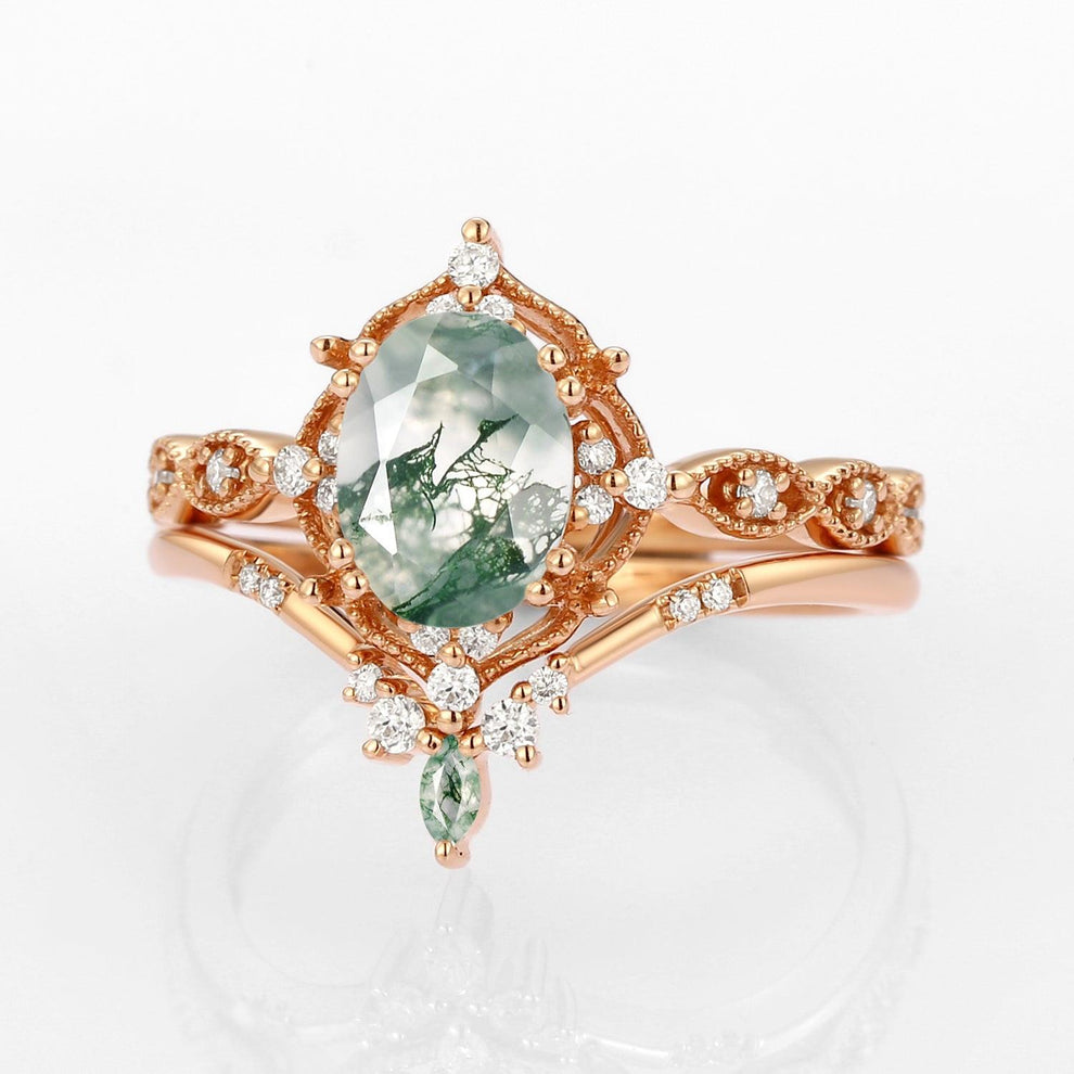 Oval Moss Agate Vintage Inspired Engagement Ring Set 2pcs.