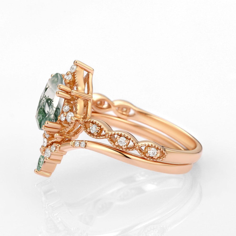 Oval Moss Agate Vintage Inspired Engagement Ring Set 2pcs.