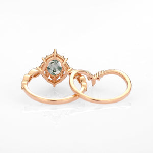 Oval Moss Agate Vintage Inspired Engagement Ring Set 2pcs.