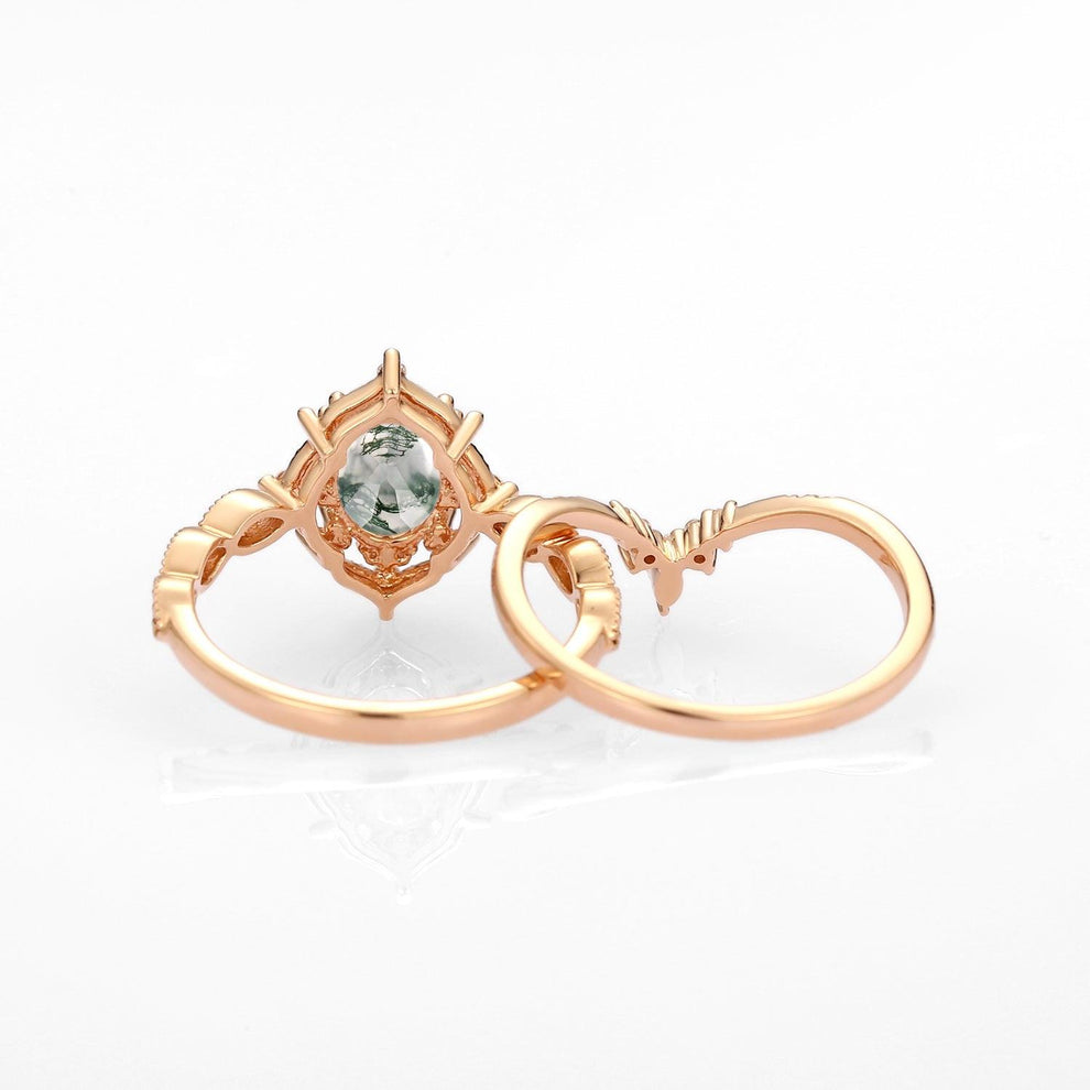 Oval Moss Agate Vintage Inspired Engagement Ring Set 2pcs.