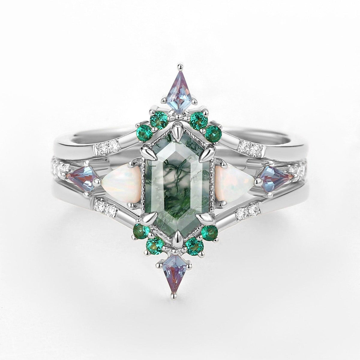 Max Hexagon Moss Agate & Opal & Emerald Engagement Ring Set 3pcs.