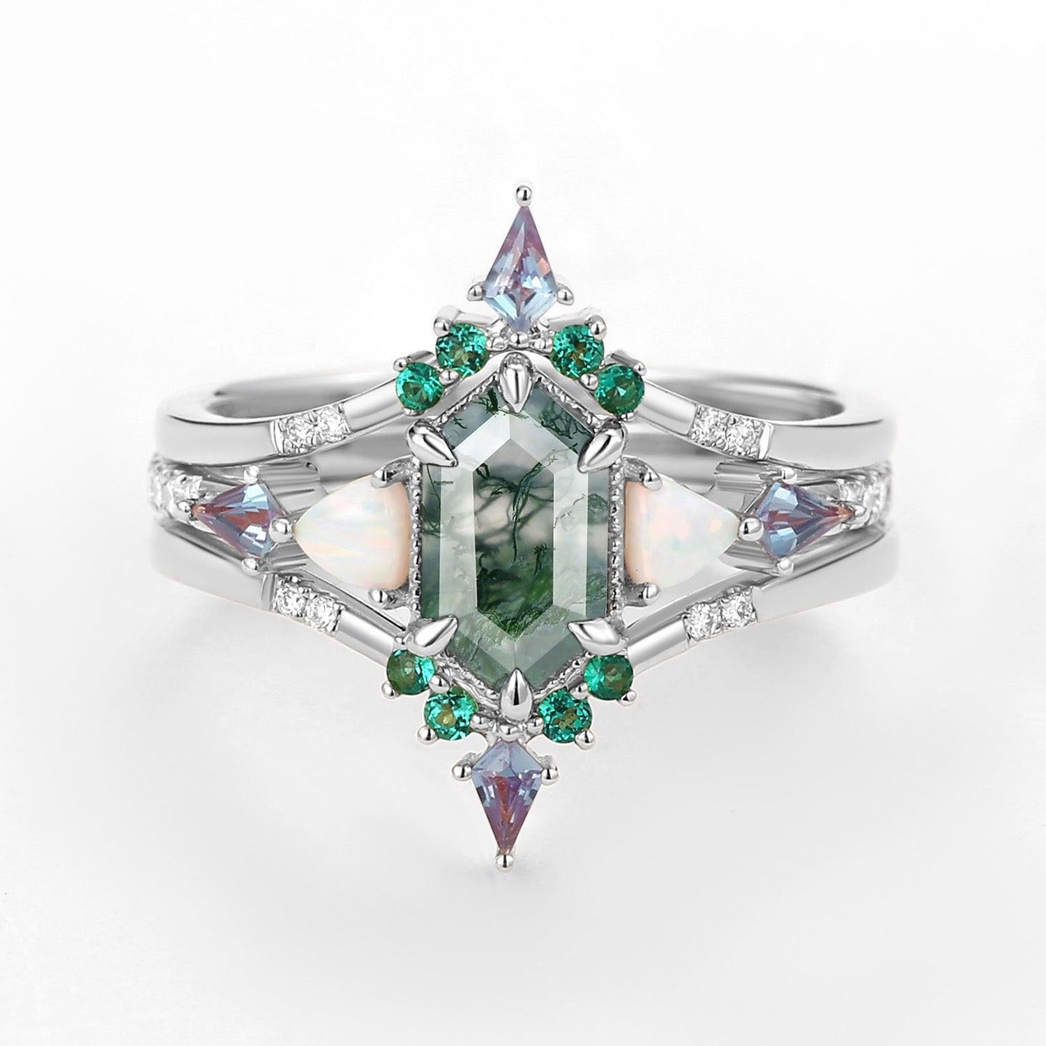 Max Hexagon Moss Agate & Opal & Emerald Engagement Ring Set 3pcs.