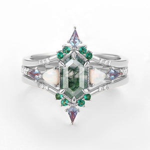 Max Hexagon Moss Agate & Opal & Emerald Engagement Ring Set 3pcs.