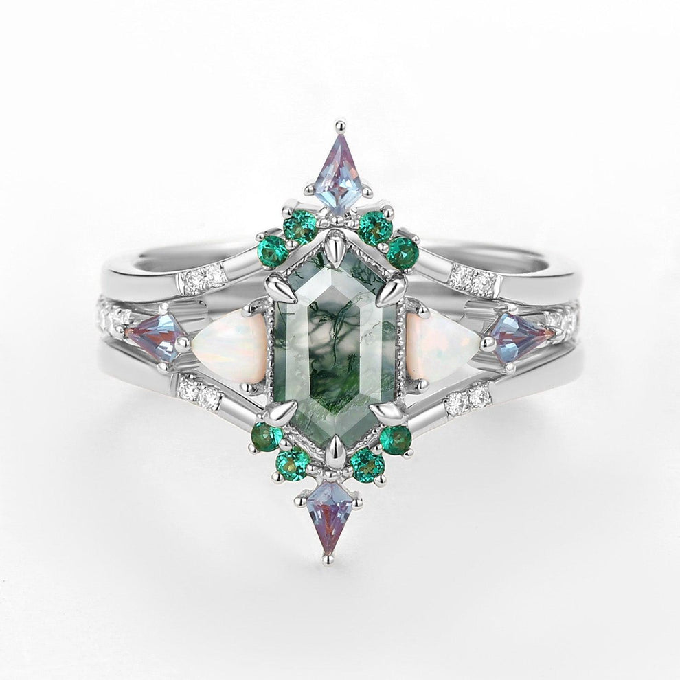 Max Hexagon Moss Agate & Opal & Emerald Engagement Ring Set 3pcs.