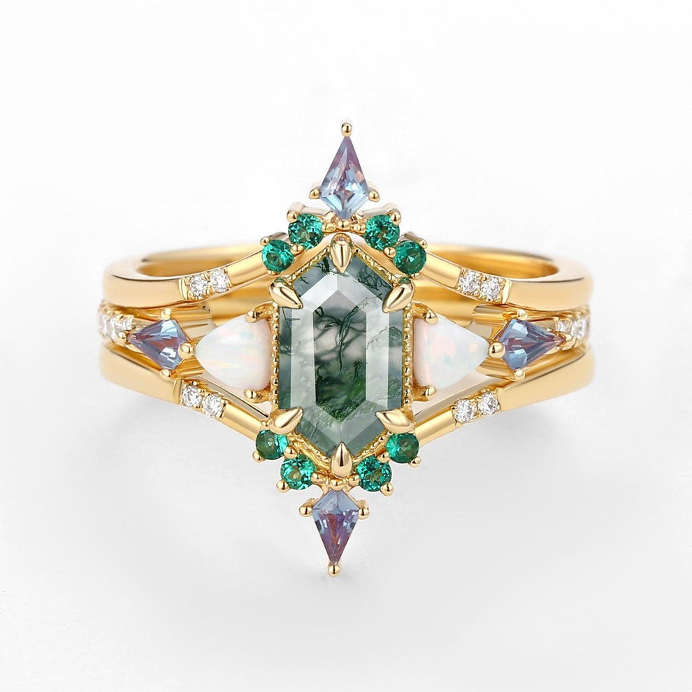 Max Hexagon Moss Agate & Opal & Emerald Engagement Ring Set 3pcs.
