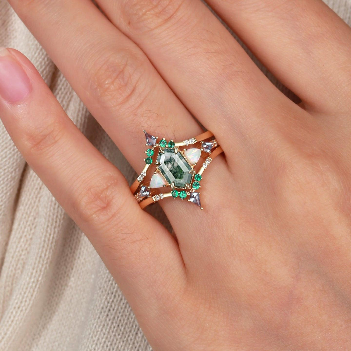Max Hexagon Moss Agate & Opal & Emerald Engagement Ring Set 3pcs.