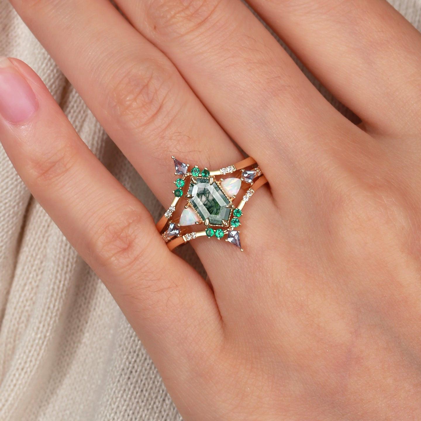 Max Hexagon Moss Agate & Opal & Emerald Engagement Ring Set 3pcs.