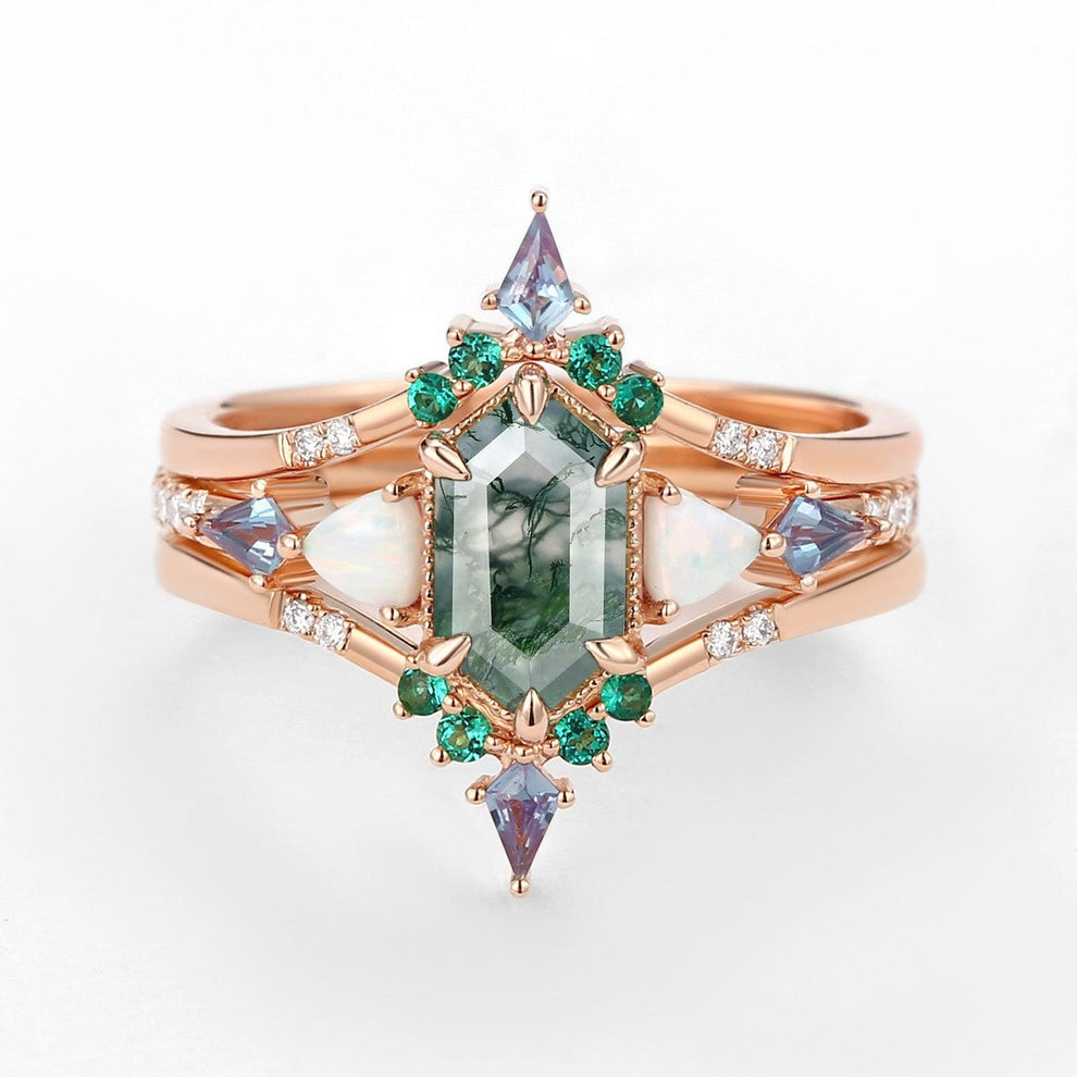 Max Hexagon Moss Agate & Opal & Emerald Engagement Ring Set 3pcs.